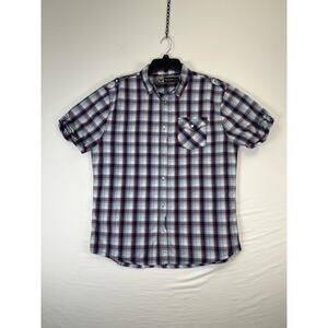 Industry Shirt Mens XL Blue Plaid Short Sleeve Button Up Cotton Pocket Casual